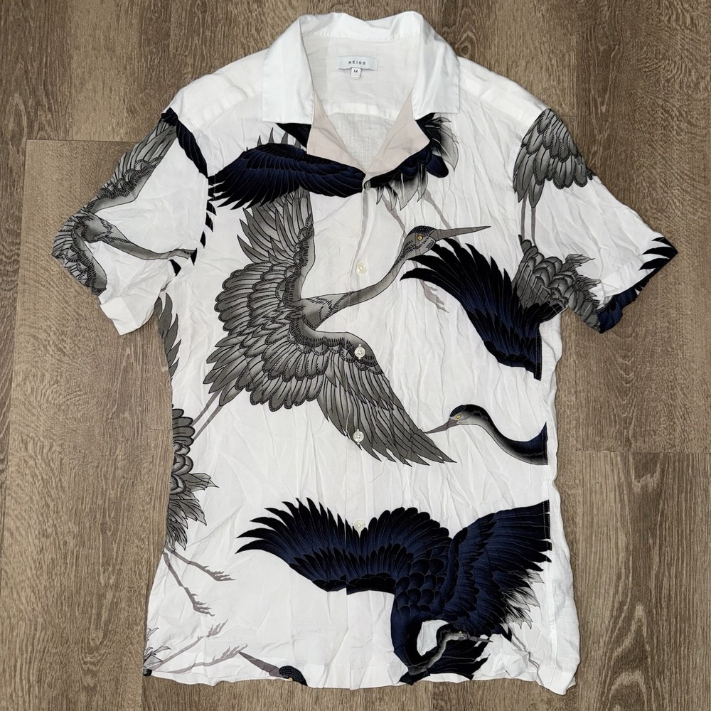 Reiss The Gigi Printed Viscose Short Sleeve Camp Collar Shirt Men M White Cranes - Picture 2 of 6